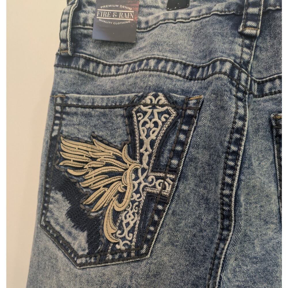 Fire & Rain Denim Acid Wash Jeans Cross Wing Embroidered Pockets NWT 32x32